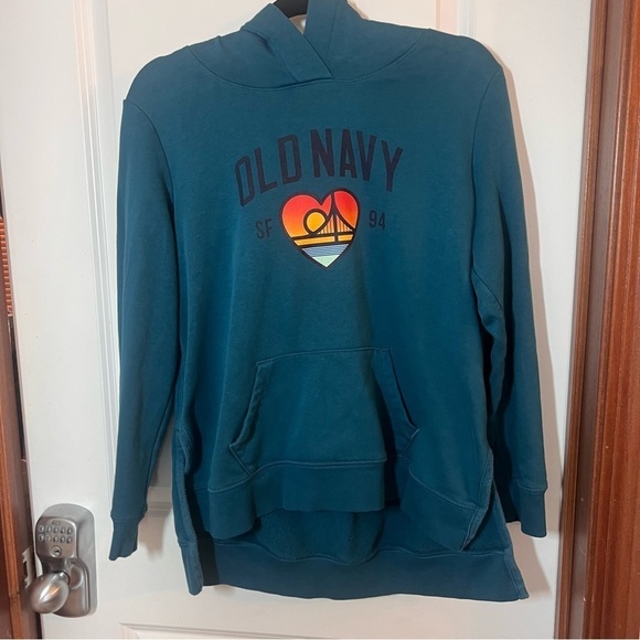 Old Navy Tops - Old Navy Teal Hoodie with Heart Graphic